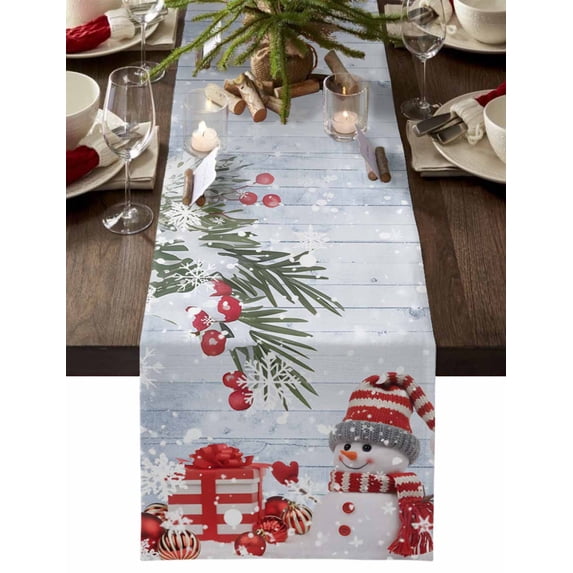 Xmas Snowman Birds Cotton Linen Table Runner for Dining Kitchen, Christmas Green Silver Pine Snowflake Wedding Outdoor Party Tablerunners Decoration, Dresser Scarf Coffee Tablecloth Runners 13"x36"