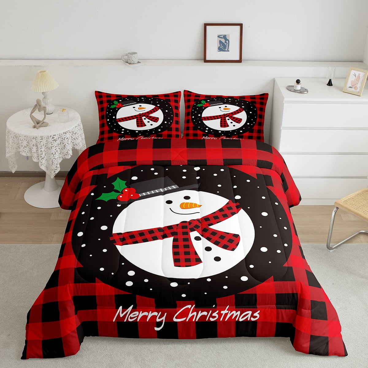 Xmas Snowman Comforter Set Merry Christmas King Size Bedding Set, Cartoon Snowman Botanical Leaf