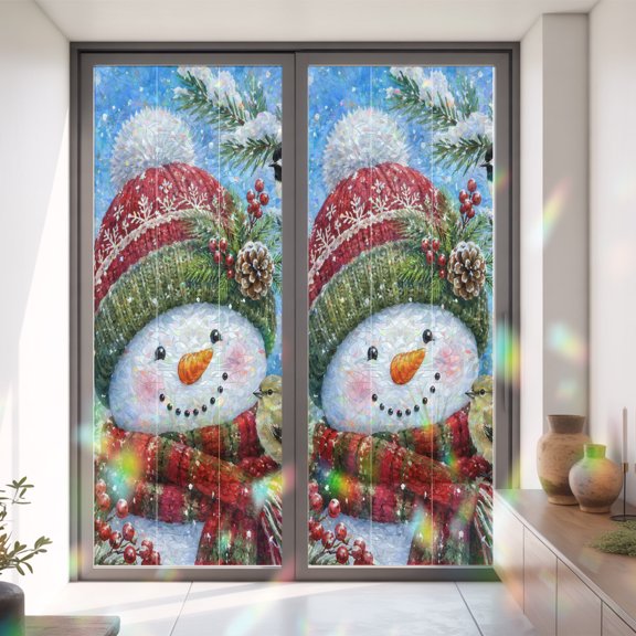 Xmas Snowman Pine Branches Window Privacy Film,Decorative Windows Static Cling Winter Cardinal on Blue Heat Control Removable Glass Sticker for Home Bathroom Bedroom Window Door,35.4x78.7in