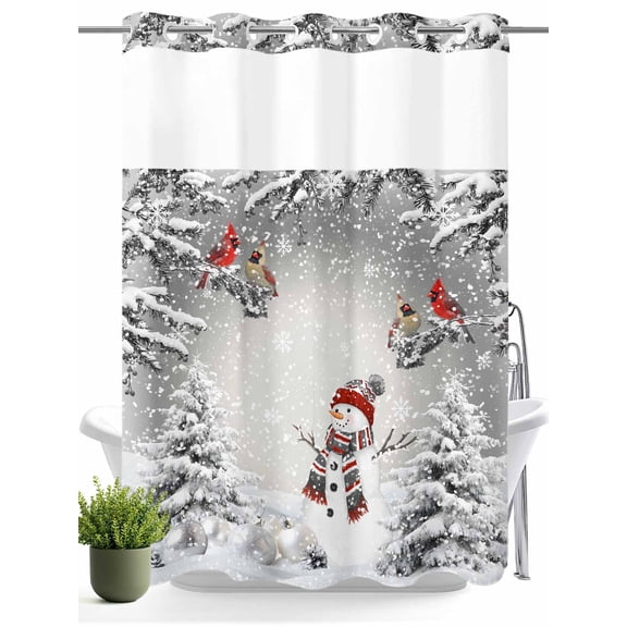Xmas Snowman Pine Tree Cardinal No Hooks Shower Curtain with Snap in Fabric Liner Set, Winter Snowflake on Gray Shower Curtains Waterproof Bathroom Curtain with See Through Top Window, 60x72 Inch