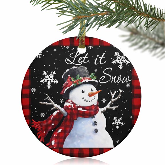 Xmas Snowman Red Buffalo Plaid Christmas Ceramic Ornament 2025,3" Round Xmas Tree Hanging Accessories with Gold Ribbon