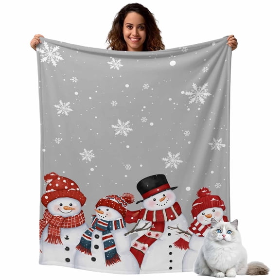 Xmas Snowman Snowflakes on Grey Throw Blanket Flannel Fleece Throws, Winter Falling Snow Lightweight Super Soft Warm Blankets for Couch Sofa Bed All Season Use, 40x50 in