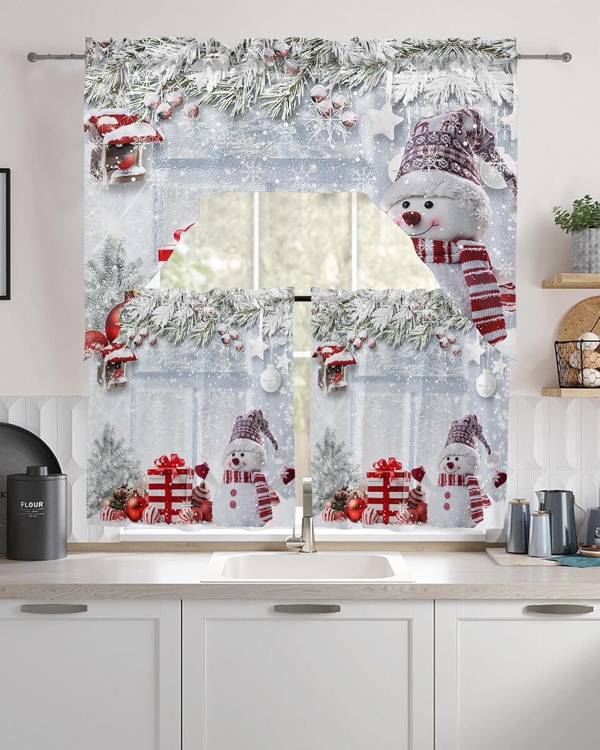 Xmas Snowman Swag Kitchen Curtain Sets with Valance, 3 Pieces Rod