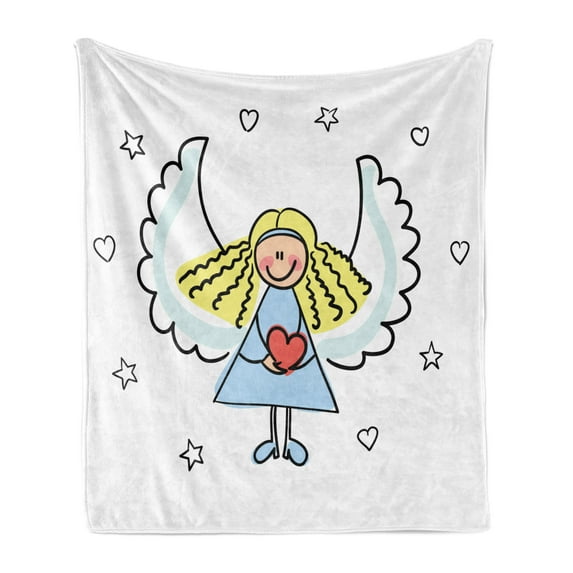 Xmas Soft Flannel Fleece Throw Blanket, Little Girl with Wings Red Heart Stars Angel Heaven Holiday, Cozy Plush for Indoor and Outdoor Use, 70" x 90", Black White Pale Blue, by Ambesonne