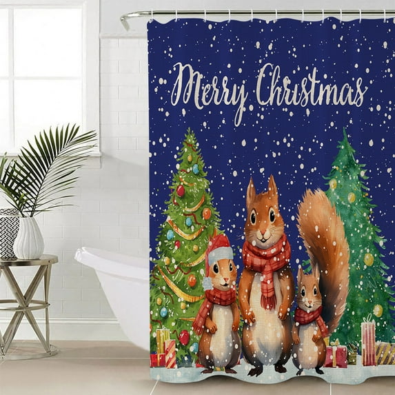 Xmas Squirrel, Waterproof Fabric Shower Curtain, Christmas Pine Tree Vintage Blue Shower Curtain for Bathroom Curtains Bathtubs Hotel Washable Shower Curtains with 12 Hooks Long 72x78in