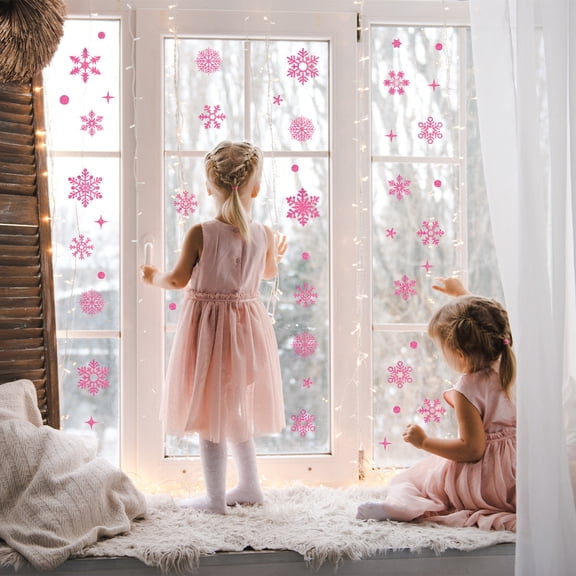 Xmas Static Window Clings Christmas Pink Snowflakes 3 Sheets Reusable Window Decals for Glass, 7.87" x 11.81" Removable Double Sided Window Sticker for Room Office Home Decoration