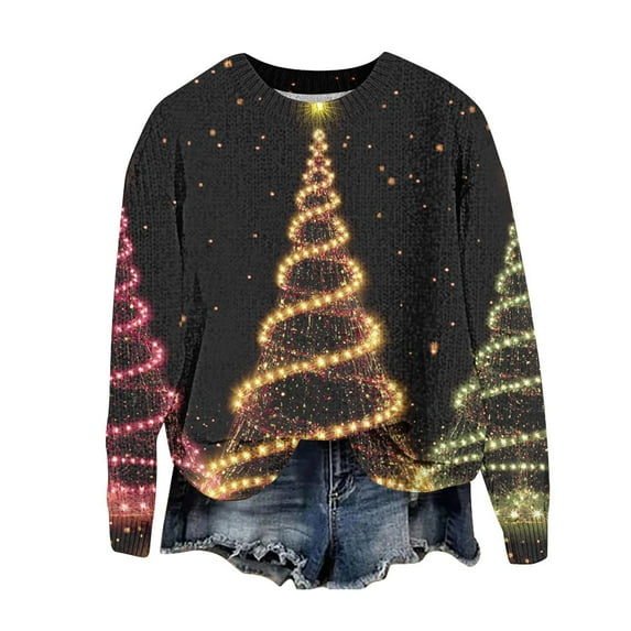 Xmas Sweaters for Women 2024 - Holiday Sweaters, Womens Christmas Printed Sweater Round Neck Long Sleeved Sweaters Pullover Tops Xmas Sweater