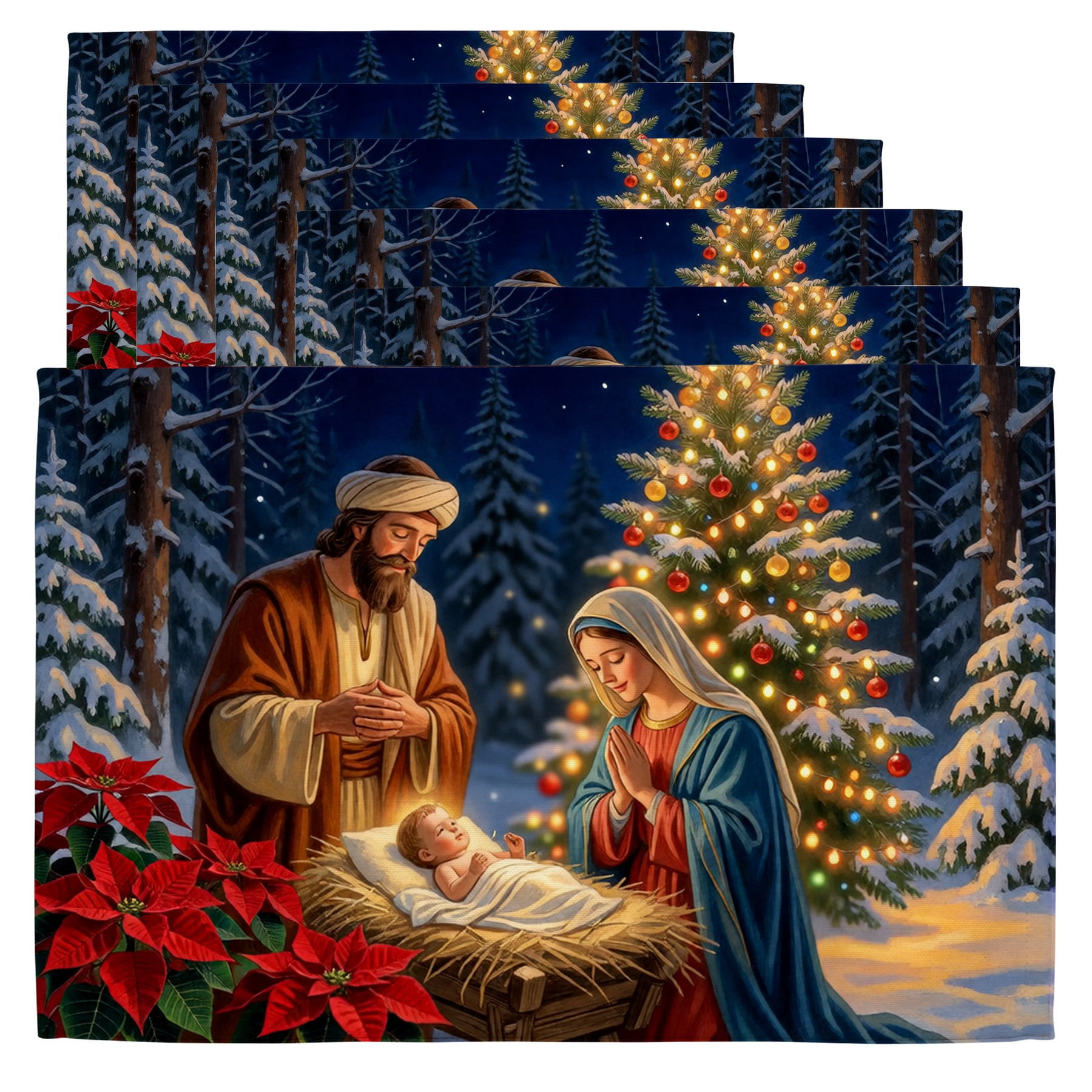 Xmas Table Mats A painting of a man,woman and a baby in front of a ...