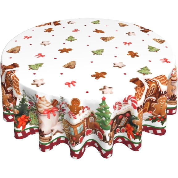 Xmas Tablecloth Round 60 Inch Gingerbread House Holiday Table Cloth Water Resistant Fabric Table Covers for Kitchen Dining Party Home Decor
