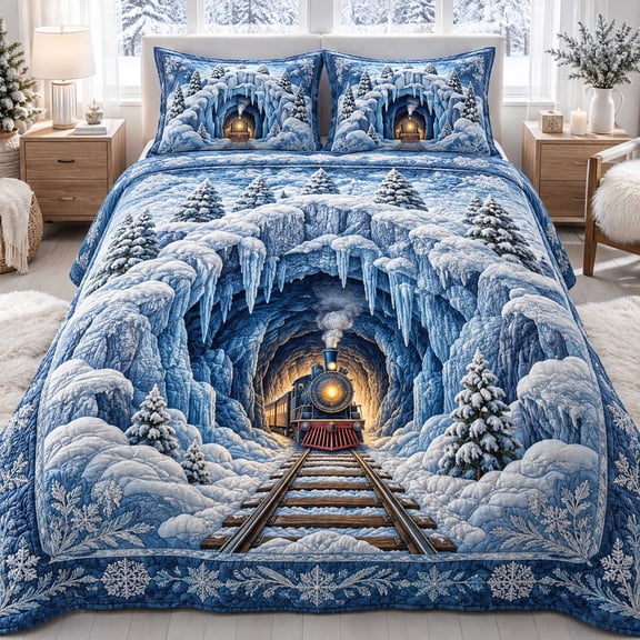 Xmas Train 3-Piece Quilted Bedding Set