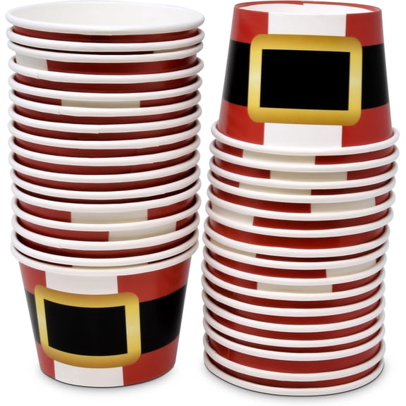 Gift Boutique 48 Xmas Treat Snack Cups 10 Oz. Xmas Santa Belt Disposable Paper Cup Dessert Ice Cream Bowls Red Black & White Holiday Design For Frozen Treats Cupcakes Party Favor Supplies Decoration