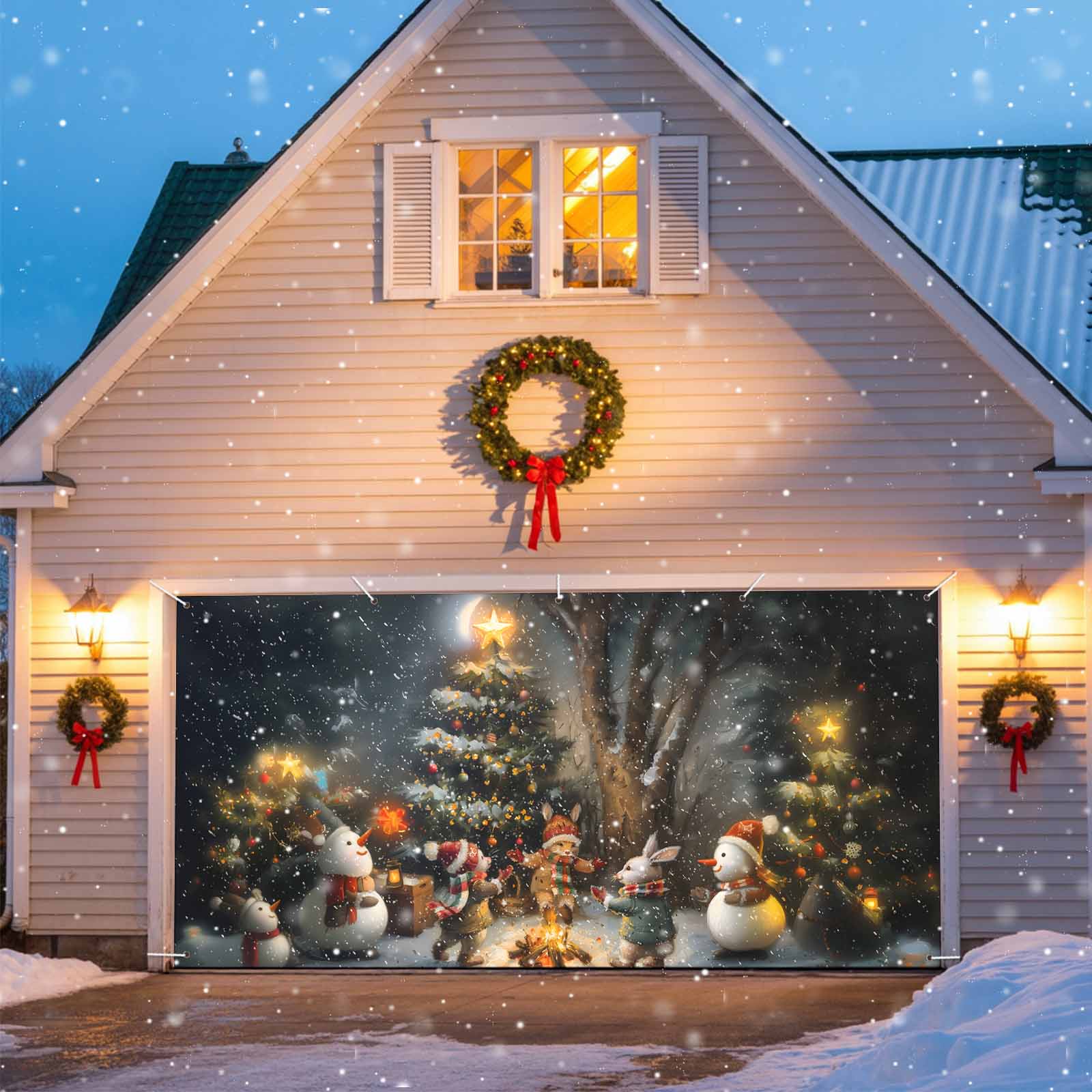 Xmas Tree Bunny Christmas Garage Door Decorations, 6x13ft Garage Door