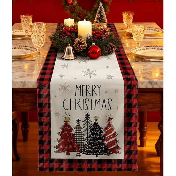 Xmas Tree Christmas Table Runner - 13x72 Buffalo Plaid Christmas Tree Table Runner with Snowflake Merry Xmas Decor, Vintage Farmhouse Rustic Winter Decoration for Home Kitchen Dinner Party
