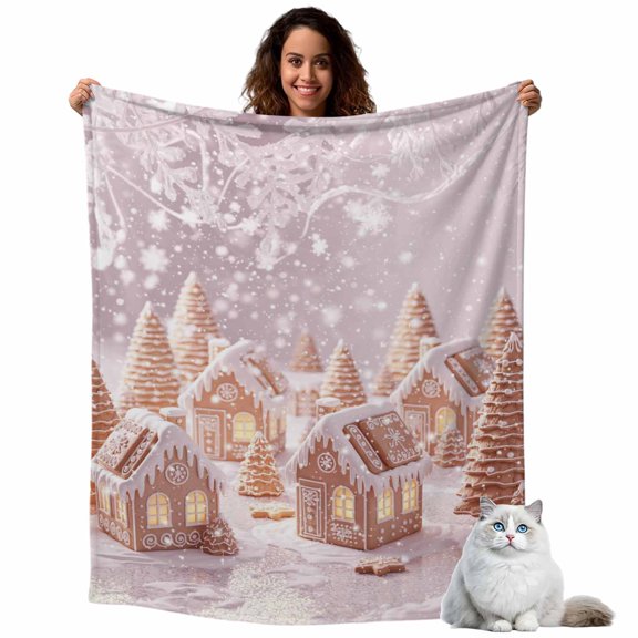 Xmas Tree Ginger Bread House Throw Blanket Flannel Fleece Throws, Winter Pink Snowflake Lightweight Super Soft Warm Blankets for Couch Sofa Bed All Season Use, 40x50 in