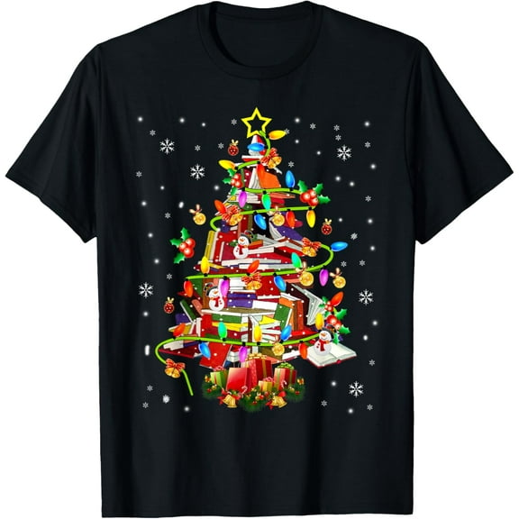 Xmas Tree Library Xmas Lights Tree Book Lover Librarian T-Shirt