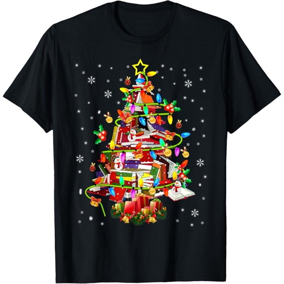 Xmas Tree Library Xmas Lights Tree Book Lover Librarian T-Shirt