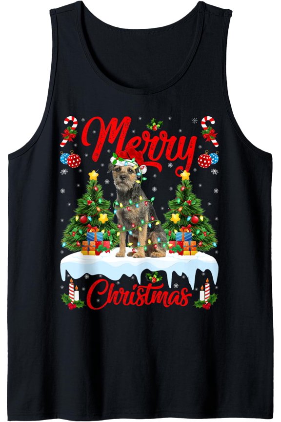 Xmas Tree Lighting Border Terrier Dog Merry Christmas Tank Top Size S-3XL