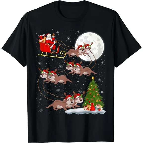 Xmas Tree Lighting Santa Riding Otter Christmas T-Shirt
