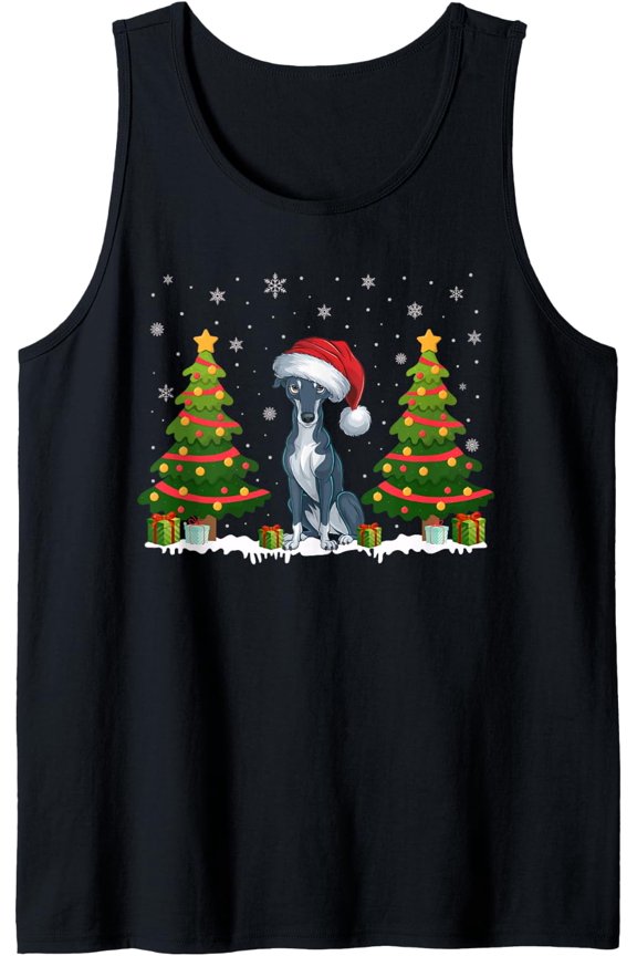 Xmas Tree Lights Greyhound Dog Santa Hat Christmas Sweater Tank Top Size S-3XL