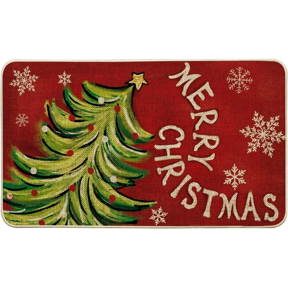 Xmas Tree Merry Christmas Doormat, Snowflake Winter Home Decor Low-Profile Switch Rug Door Mat Floor Mat for Indoor Outdoor 17x29 Inch