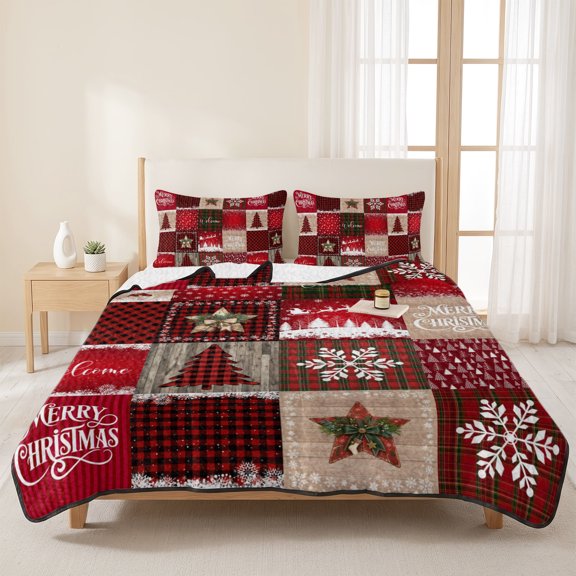 Xmas Tree Retro Patchwork 3 Pieces Quilt Set,1 Quilt with 2 Shams,Winter Snowflake Western Star Bedspread Soft Lightweight Bedding Coverlet Comforter Set for All Season 96"x106"