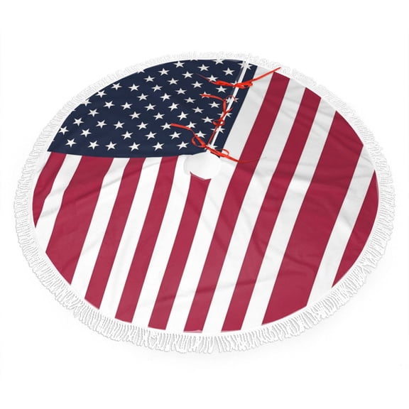 Xmas Tree Skirt America Flag Tassel Edge Rustic Christmas Tree Skirts for Party Holiday Decorations 30"
