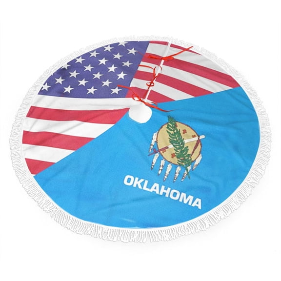 Xmas Tree Skirt America Oklahoma Flag Tassel Edge Rustic Christmas Tree Skirts for Party Holiday Decorations 36"
