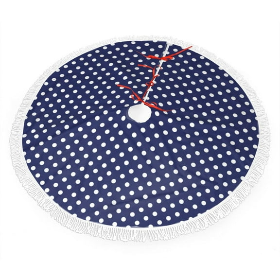 Xmas Tree Skirt Deep Blue And White Dots Tassel Edge Rustic Christmas Tree Skirts for Party Holiday Decorations 48"