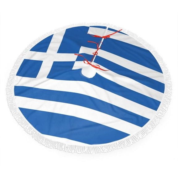 Xmas Tree Skirt Flag Of Greece Tassel Edge Rustic Christmas Tree Skirts for Party Holiday Decorations 48"