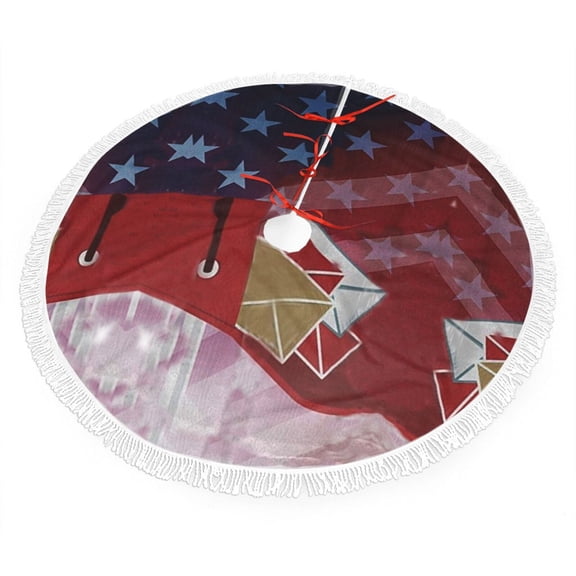 Xmas Tree Skirt Postal Worker Us Flag Tassel Edge Rustic Christmas Tree Skirts for Party Holiday Decorations 30"
