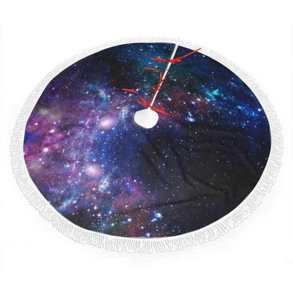 Xmas Tree Skirt Space Galaxy Tassel Edge Rustic Christmas Tree Skirts for Party Holiday Decorations 30"