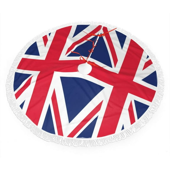 Xmas Tree Skirt Union-Jack Flag Tassel Edge Rustic Christmas Tree Skirts for Party Holiday Decorations 36"