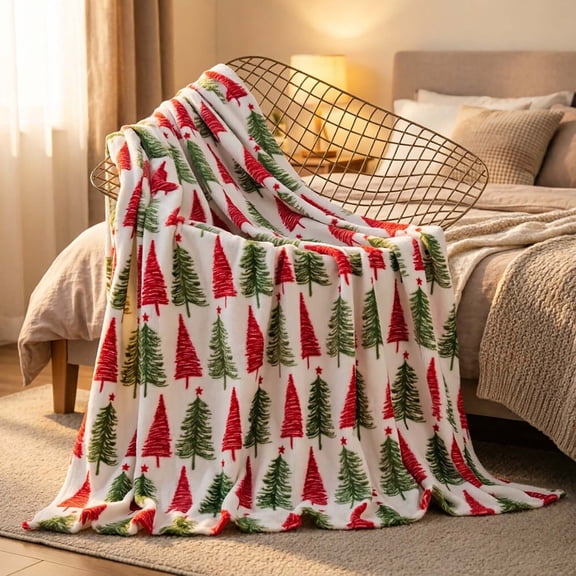 Xmas Tree Throw Blanket for Couch or Bed, Soft Flannel Washable Decor Cover, Washable Blanket for Dorm Use.