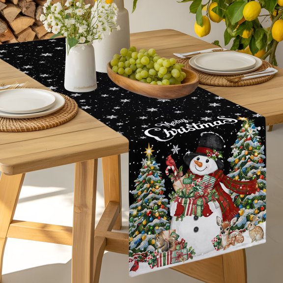 Xmas Tree Winter Snowman Snow Table Runner 13x48in Non-Slip Cotton Linen Table Runners, Reindeer Cardinal on Black Dresser Scarves TableRunner for Dinner Kitchen Dining Wedding Party