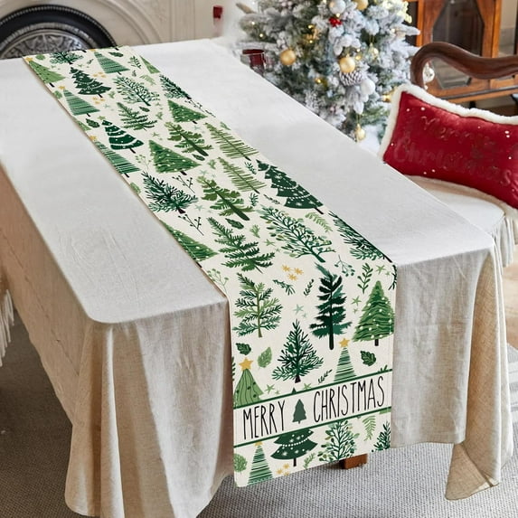 Xmas Trees Christmas Table Runner Watercolor Christmas Tree Runner for Table Seasonal Winter Holiday Christmas Decor for Home Kitchen Dining 13x90 Inch