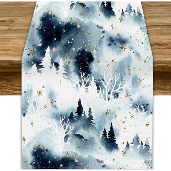 Xmas Trees Christmas Table Runner, Watercolor Golden Snowflakes Blue Forest Seasonal Kitchen Dining Table Decoration for Outdoor Home Party 13x70in