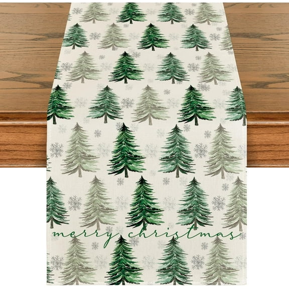 Xmas Trees Snowflake Christmas Table Runner, Seasonal Winter Green Kitchen Dining Table Decoration for Home Party Decor 13x72 Inch