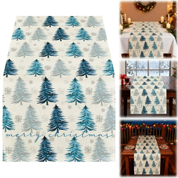 Xmas Trees Snowflake Christmas Table Runner, Seasonal Winter Kitchen Dining Table Decoration for Home Party Decor 13x72 Inch