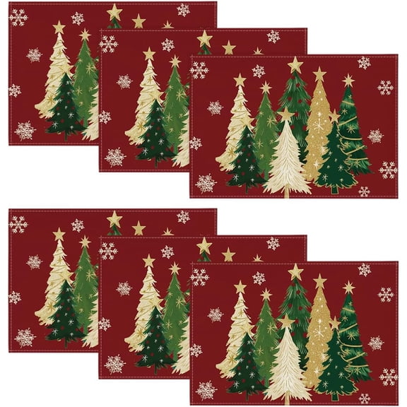 Xmas Trees Snowflakes Winter Placemats Set of 6, 12x18 Inch Seasonal Red Christmas Table Mats for Party Kitchen Dining Decoration
