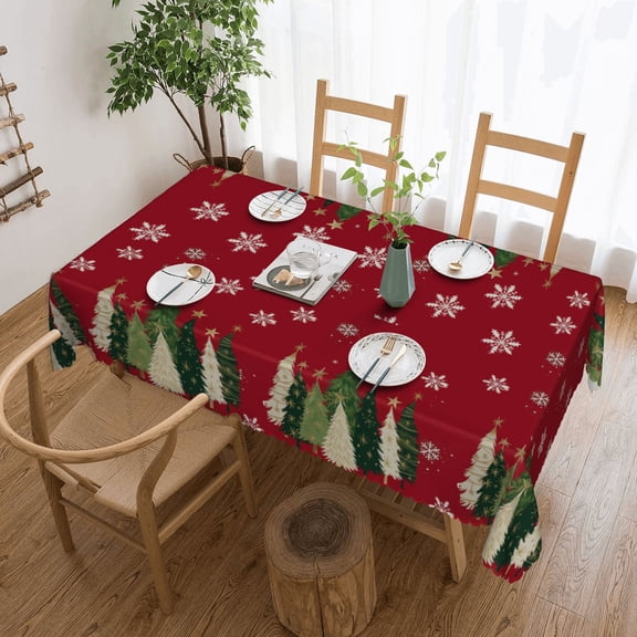Xmas Trees Snowflakes Winter Red Tablecloth 50x70 Inch, Washable Waterproof Rectangular Table Cover for Party Picnic Dinner Decor