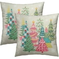 thumbnail image 1 of Xmas Trees Throw Pillow Covers Set of 2, 16x16 Inch \u2013 Colorful Pink Green Winter Holiday Cotton Hidden Zipper Pillowcases for Couch Sofa Bed Porch Farmhouse Seasonal Home Decor, 1 of 4