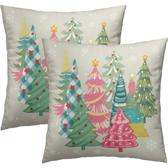Xmas Trees Throw Pillow Covers Set of 2, 16x16 Inch \u2013 Colorful Pink Green Winter Holiday Cotton Hidden Zipper Pillowcases for Couch Sofa Bed Porch Farmhouse Seasonal Home Decor
