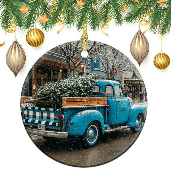 Xmas Trees Truck Ornament Blue Vintage Truck Keepsake Ceramic Ornament Funny Commemorative Ornaments & Gift Ornament Xmas Present
