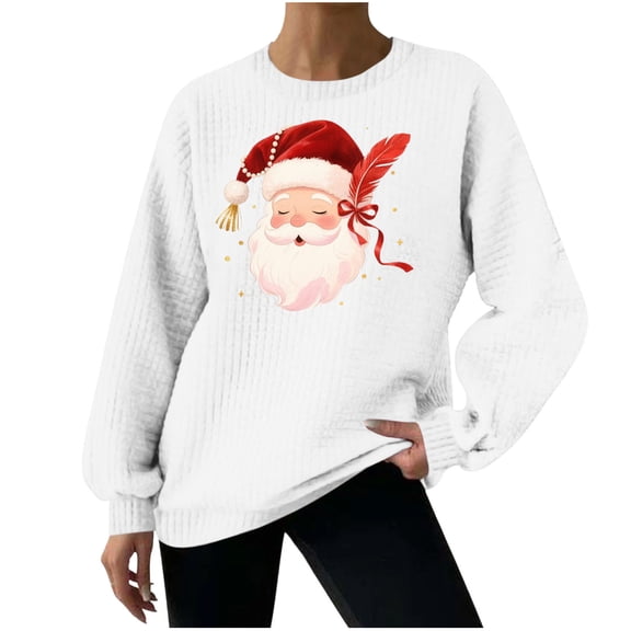 Xmas Waffle Sweatshirt with Santa Graphic Oversized Baggy Crew Neck Tops Novelty Christmas Fun Gift Fall Pullover