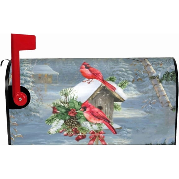 Xmas Winter Cardinal Birds Mailbox Cover, Christmas Snow Bird House 21" X 25.5" Magnetic Mailbox Covers, Large Size Mailbox Wraps Post Letter Box Cover for Outdoor Decorations