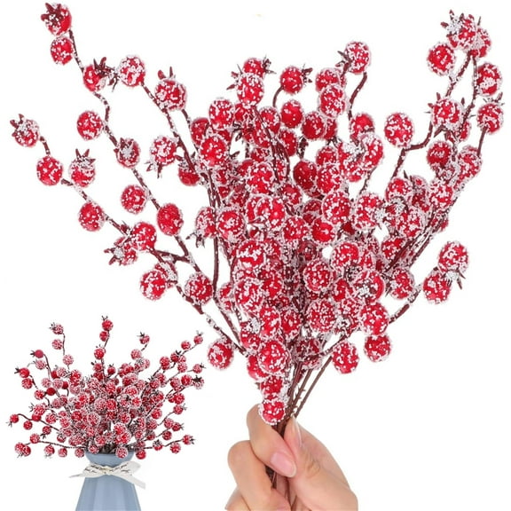 Xmas Winter Frosted Red Berry Stems,12 Pack 11.8inch Fake Snowy Red Berry Branches,Christmas Tree Branches Fillers Ornaments for Christmas Tree Wreath Garland DIY Crafts Home Wedding Party Decor