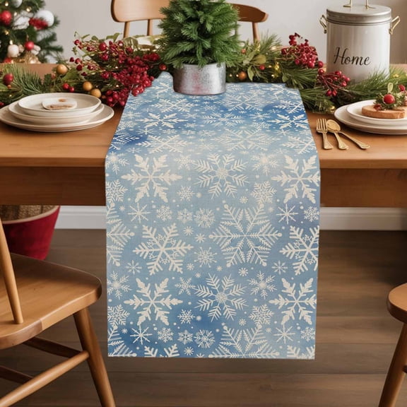 Xmas Winter White Snowflakes Seamless Blue Gradient Table Runner 13x36in Non-Slip Cotton Linen Table Runners, Retro Linen Dresser Scarves TableRunner for Dinner Kitchen Dining Wedding Party