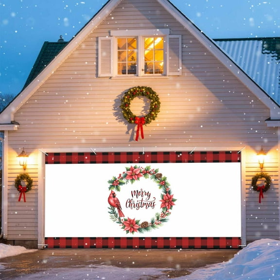 Xmas Wreath Poinsettia Flower Christmas Garage Door Decorations, 6.9x8ft Garage Door Cover Banner with Grommets, Outdoor Garage Door Backdrop Mural for Holiday Wall Decor, Cardinal Bird Buffalo Plaid