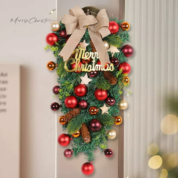 Xmas Wreaths for Front Door Decoration, Christmas Party Art Decor Supplies, Christmas Ball Pinecones Tree Wreath, Hanging Red Greenery Wreath for Outdoor Indoor, Winter Holiday Ornament, 1 Pcs