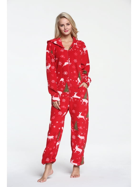 Xmascoming Onesie Adult Hooded Fleece Pajamas Merry Christmas Size US L